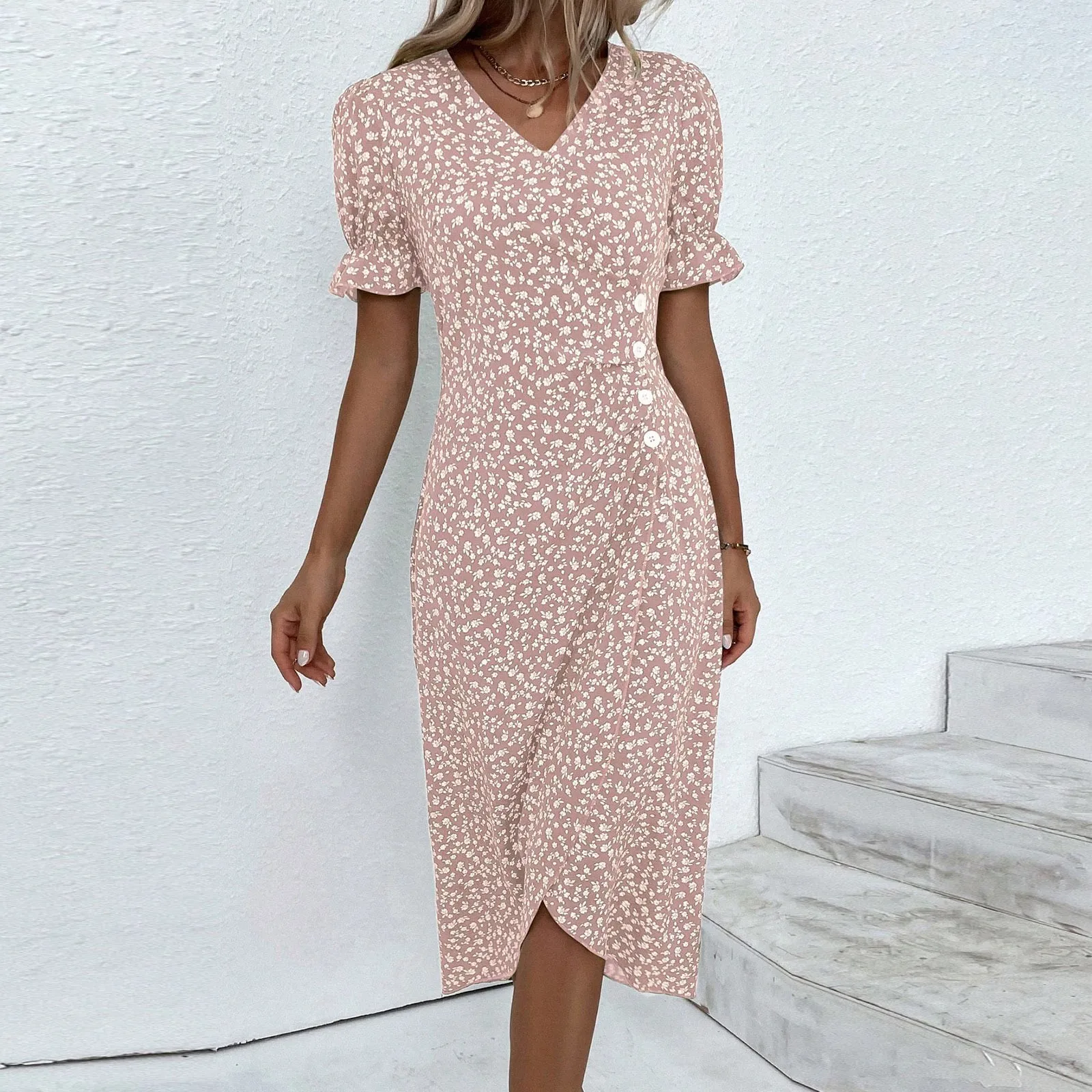 Elegant Floral Pleated H shaped Midi Dress Female V Neck Puff Sleeve Waist Ruched Button Dresses Women Summer Dress Robe