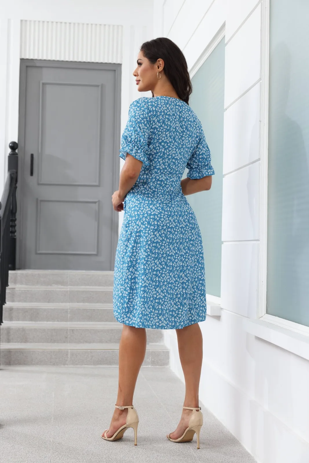 Elegant Floral Pleated H shaped Midi Dress Female V Neck Puff Sleeve Waist Ruched Button Dresses Women Summer Dress Robe