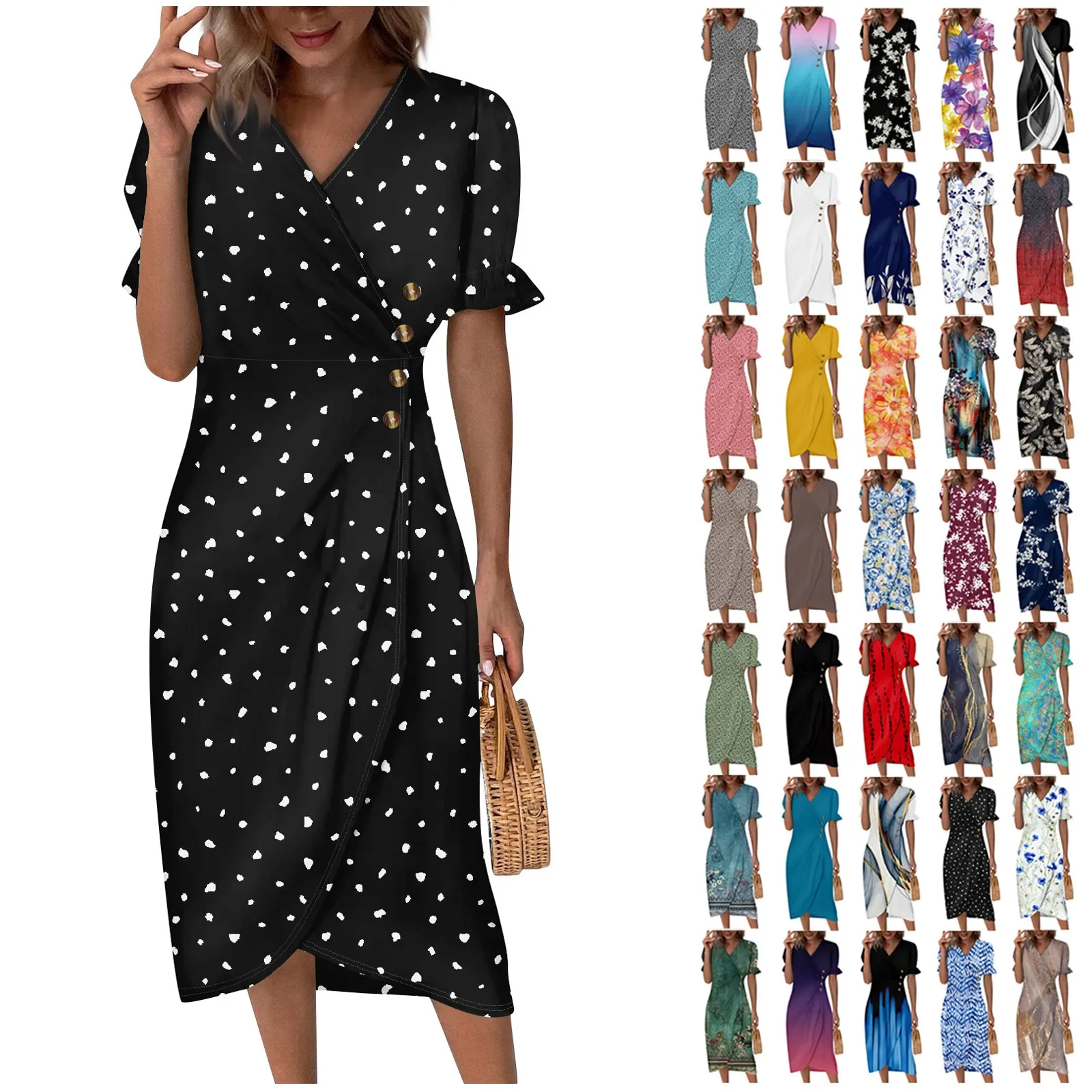 Elegant Floral Pleated H shaped Midi Dress Female V Neck Puff Sleeve Waist Ruched Button Dresses Women Summer Dress Robe