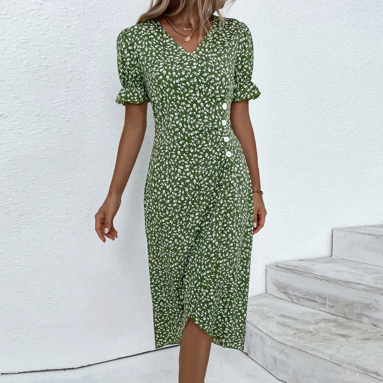 Elegant Floral Pleated H shaped Midi Dress Female V Neck Puff Sleeve Waist Ruched Button Dresses Women Summer Dress Robe