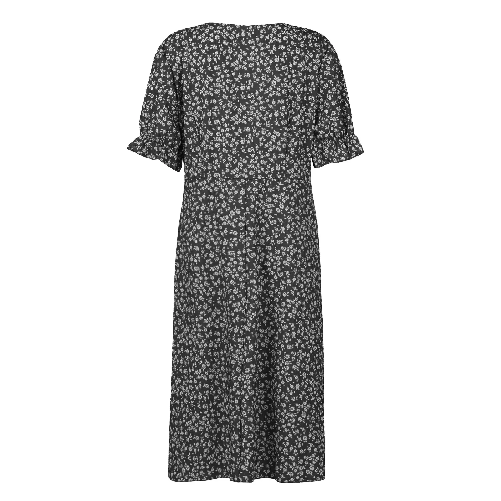 Elegant Floral Pleated H shaped Midi Dress Female V Neck Puff Sleeve Waist Ruched Button Dresses Women Summer Dress Robe