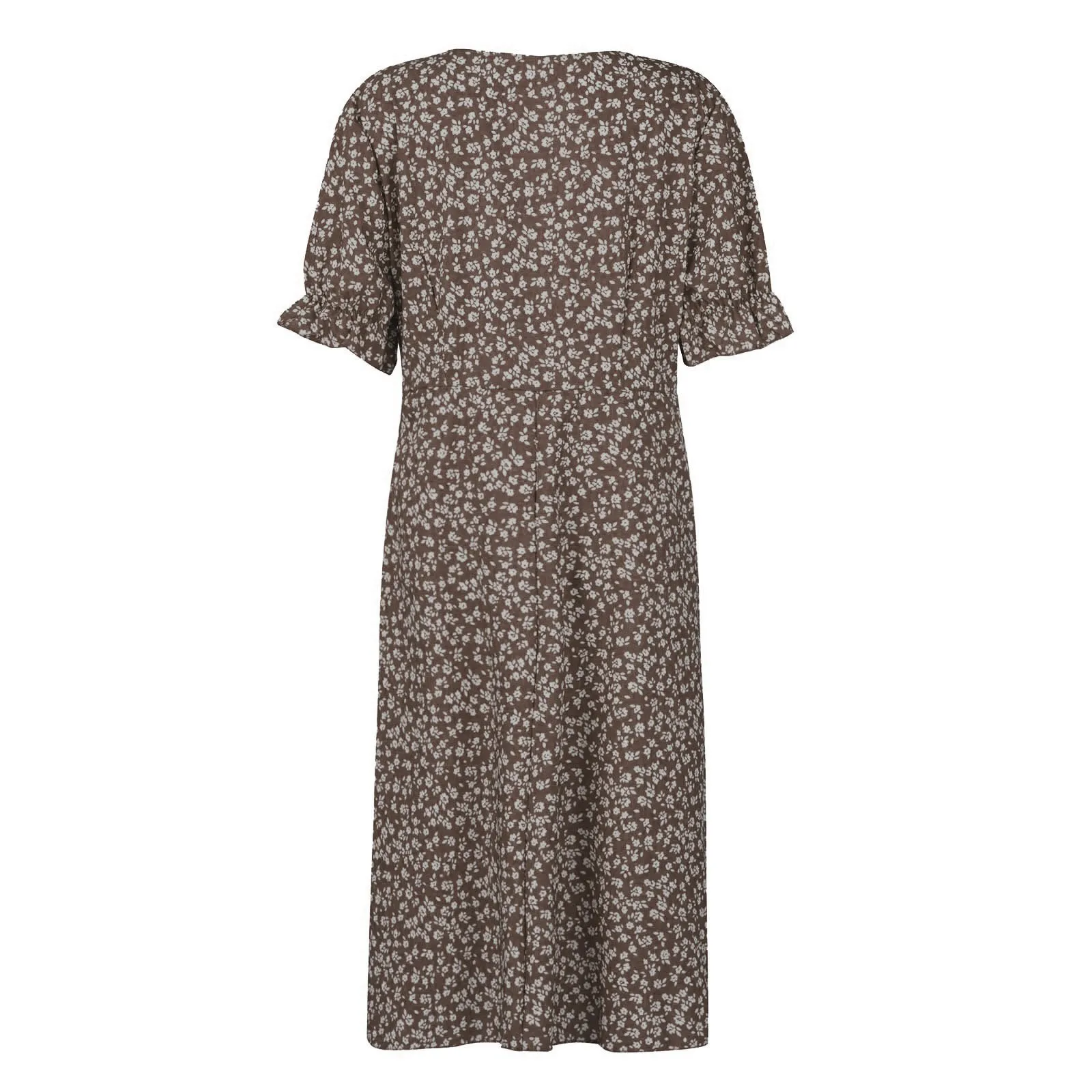 Elegant Floral Pleated H shaped Midi Dress Female V Neck Puff Sleeve Waist Ruched Button Dresses Women Summer Dress Robe