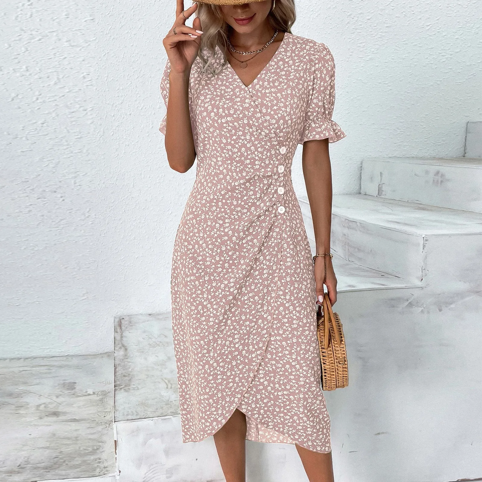 Elegant Floral Pleated H shaped Midi Dress Female V Neck Puff Sleeve Waist Ruched Button Dresses Women Summer Dress Robe