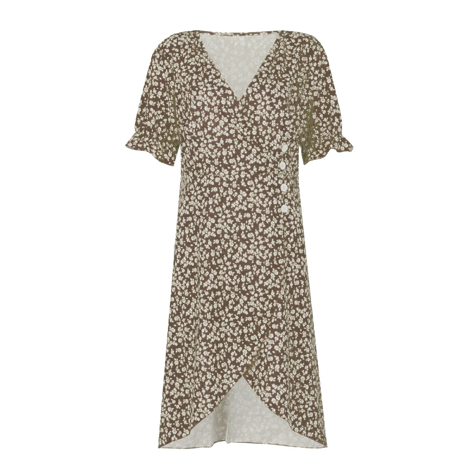 Elegant Floral Pleated H shaped Midi Dress Female V Neck Puff Sleeve Waist Ruched Button Dresses Women Summer Dress Robe