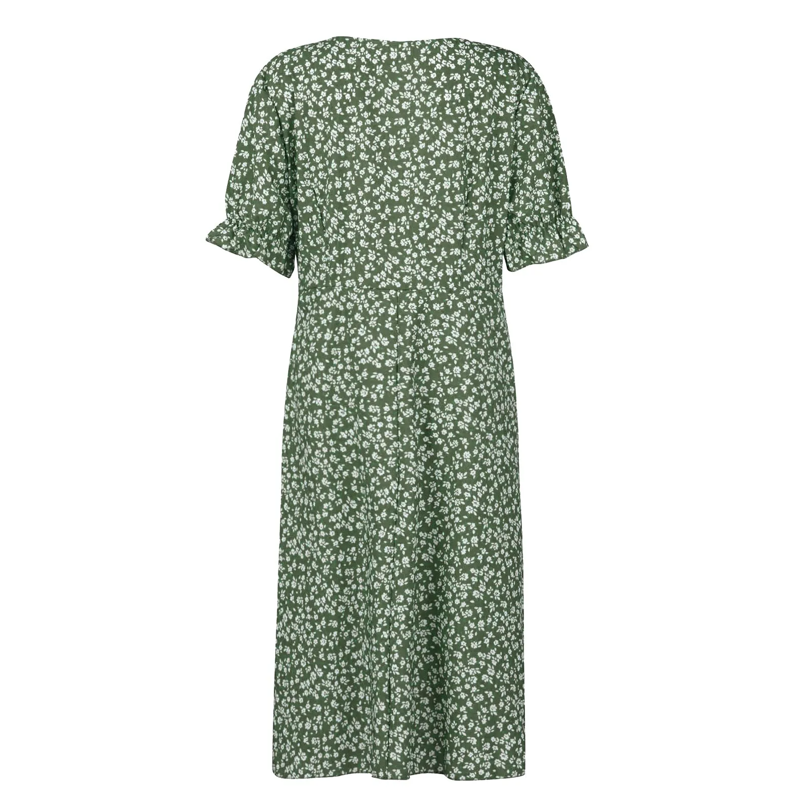 Elegant Floral Pleated H shaped Midi Dress Female V Neck Puff Sleeve Waist Ruched Button Dresses Women Summer Dress Robe
