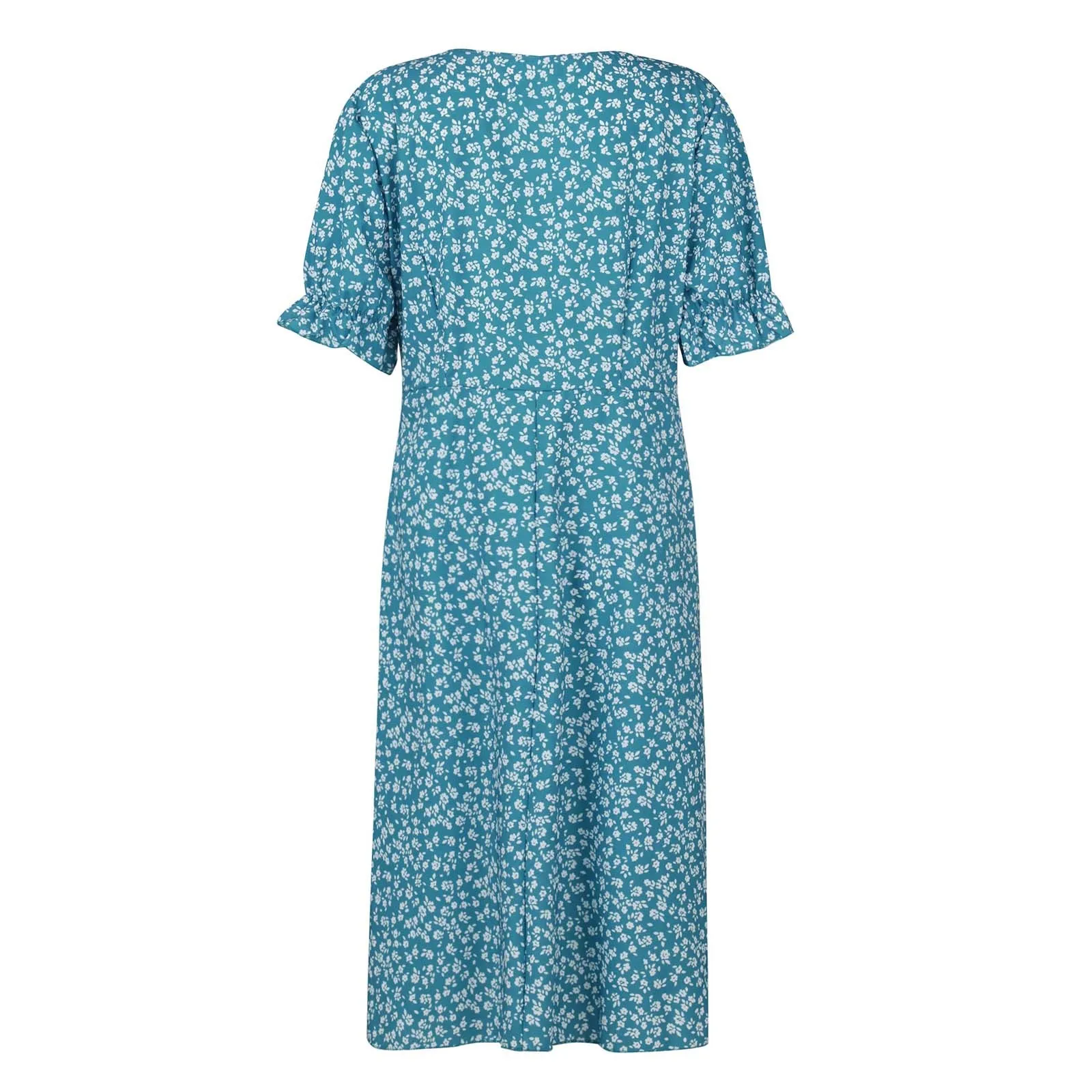 Elegant Floral Pleated H shaped Midi Dress Female V Neck Puff Sleeve Waist Ruched Button Dresses Women Summer Dress Robe