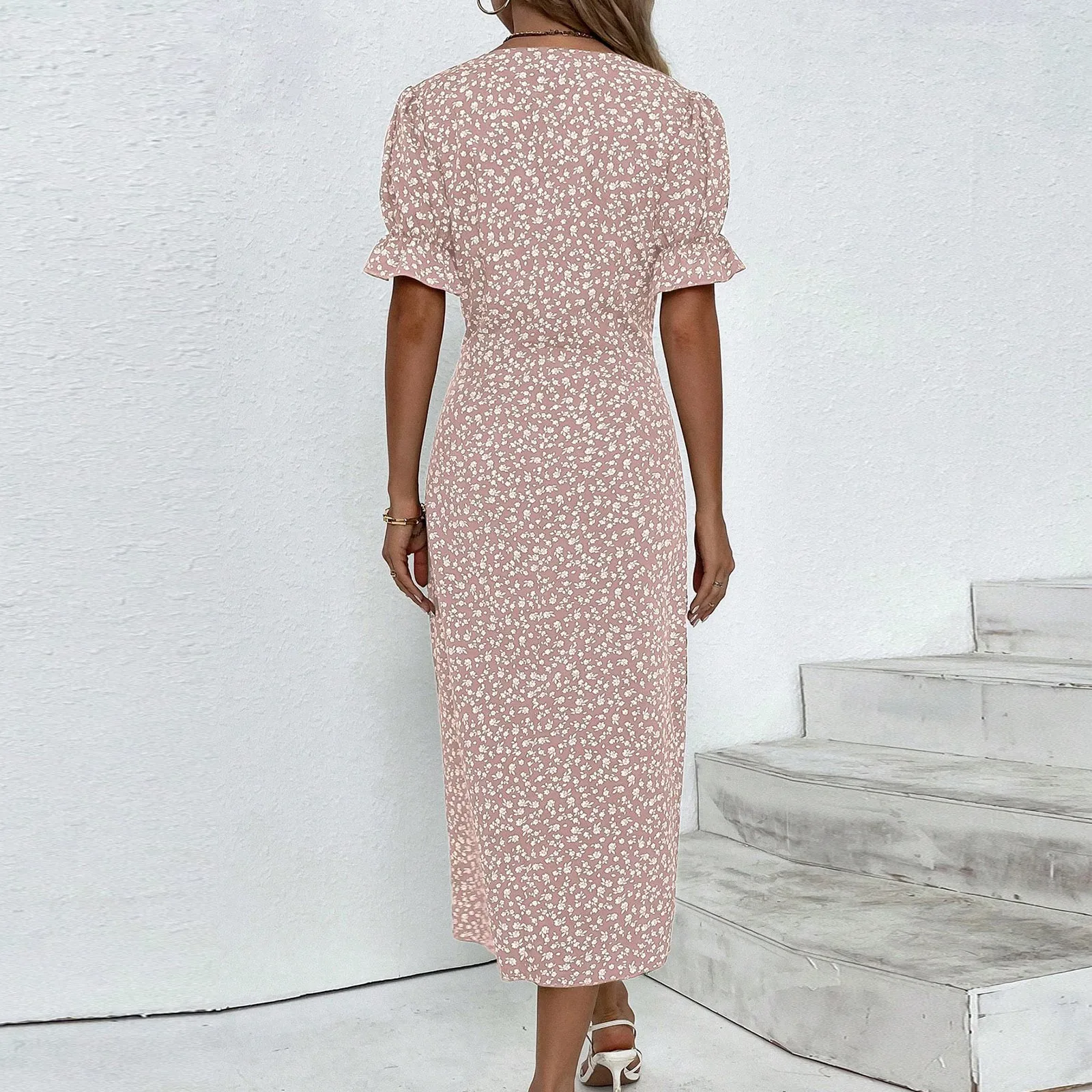 Elegant Floral Pleated H shaped Midi Dress Female V Neck Puff Sleeve Waist Ruched Button Dresses Women Summer Dress Robe