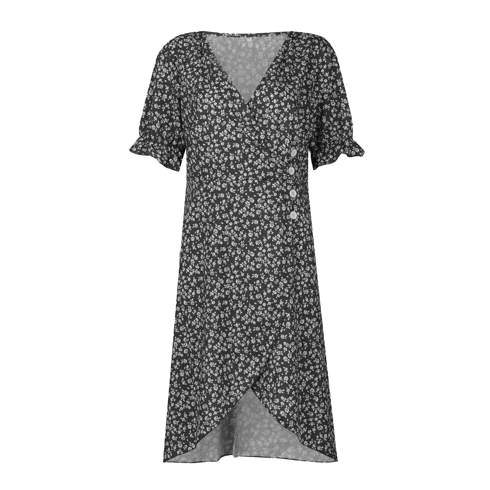 Elegant Floral Pleated H shaped Midi Dress Female V Neck Puff Sleeve Waist Ruched Button Dresses Women Summer Dress Robe