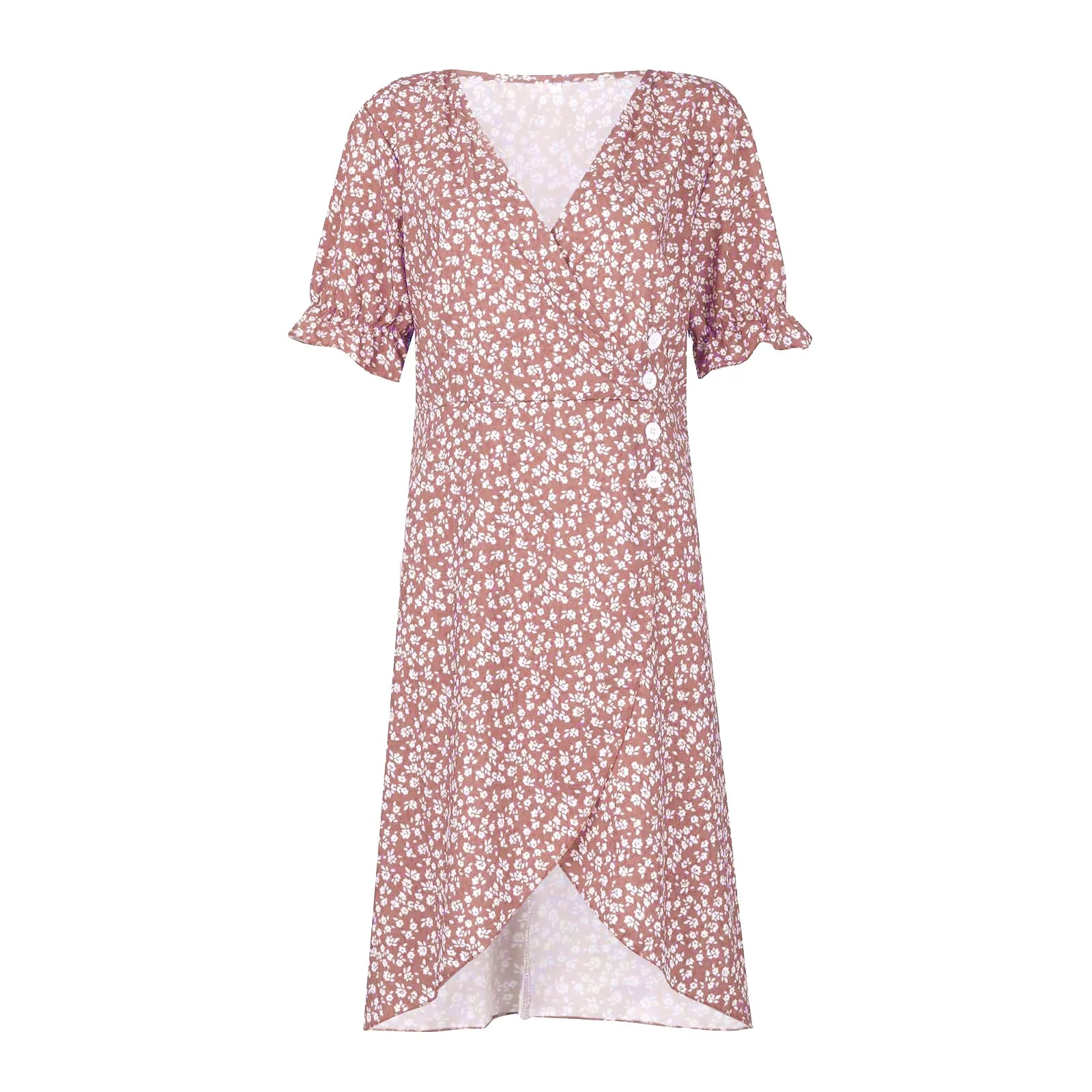 Elegant Floral Pleated H shaped Midi Dress Female V Neck Puff Sleeve Waist Ruched Button Dresses Women Summer Dress Robe