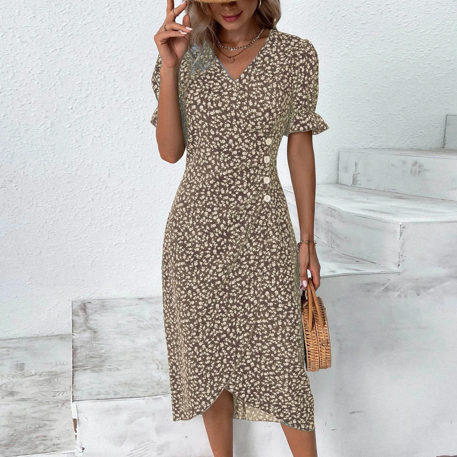 Elegant Floral Pleated H shaped Midi Dress Female V Neck Puff Sleeve Waist Ruched Button Dresses Women Summer Dress Robe