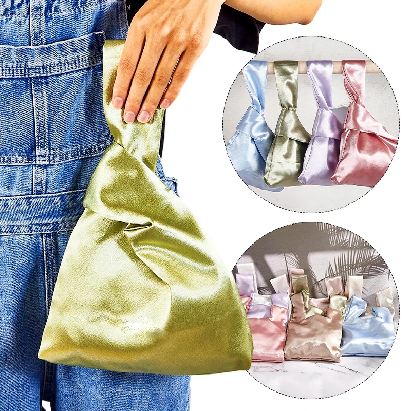 Women Wrist Bag Mini Knot Bag Vintage Silky Japanese Style Tote Bag Girl Key Phone Pouch Student Reusable Folding Shopping Bags