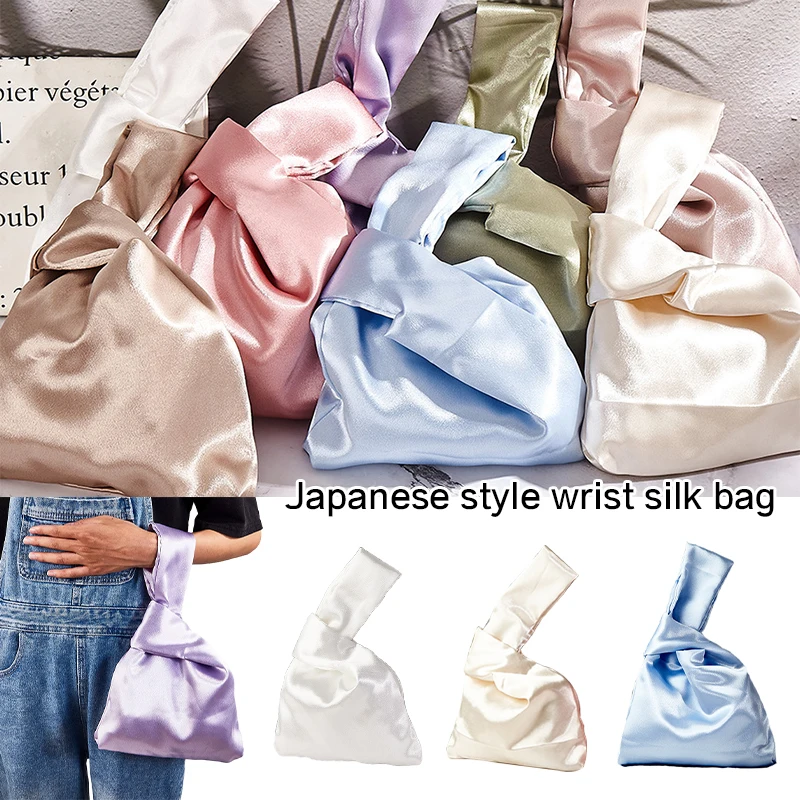 Women Wrist Bag Mini Knot Bag Vintage Silky Japanese Style Tote Bag Girl Key Phone Pouch Student Reusable Folding Shopping Bags