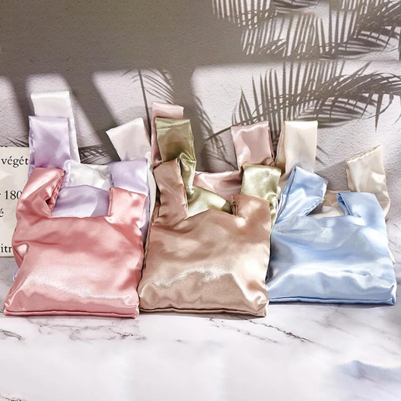 Women Wrist Bag Mini Knot Bag Vintage Silky Japanese Style Tote Bag Girl Key Phone Pouch Student Reusable Folding Shopping Bags