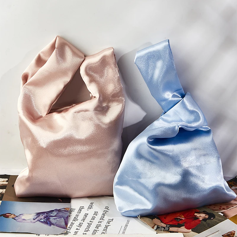 Women Wrist Bag Mini Knot Bag Vintage Silky Japanese Style Tote Bag Girl Key Phone Pouch Student Reusable Folding Shopping Bags