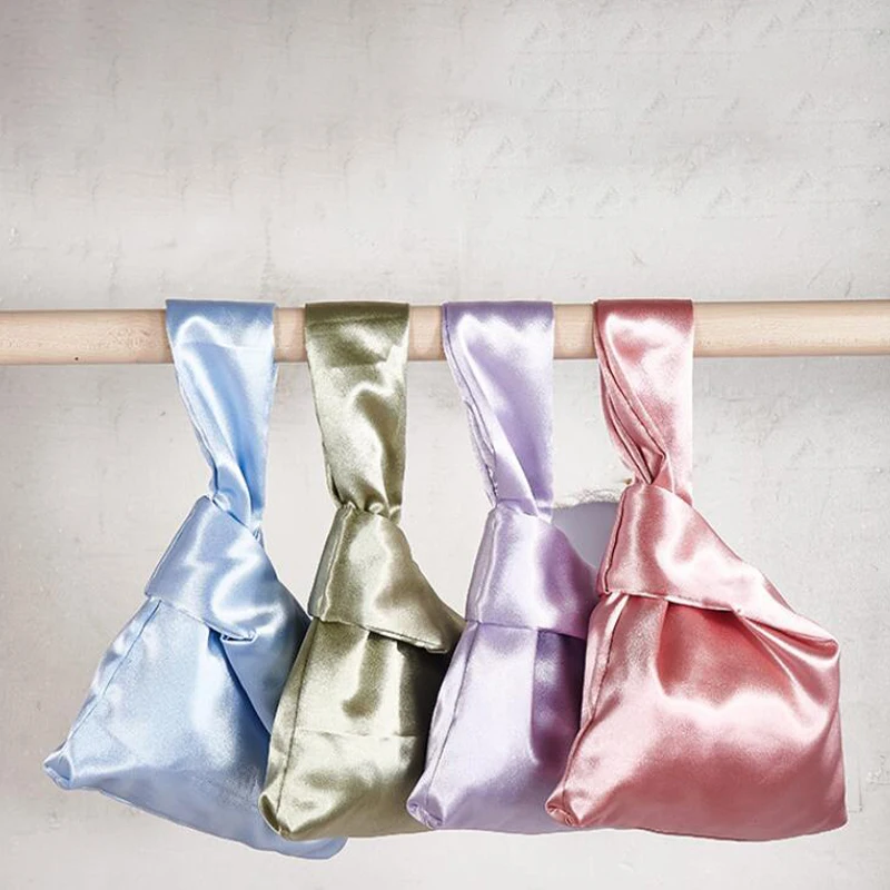 Women Wrist Bag Mini Knot Bag Vintage Silky Japanese Style Tote Bag Girl Key Phone Pouch Student Reusable Folding Shopping Bags