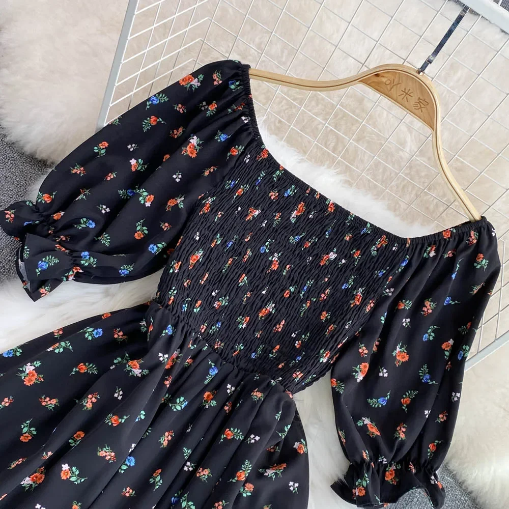 2026 Fashion New Summer Flower Print Long Dress Women Vintage Square Neck Ruched Chest Split Sundress Party Vestidos