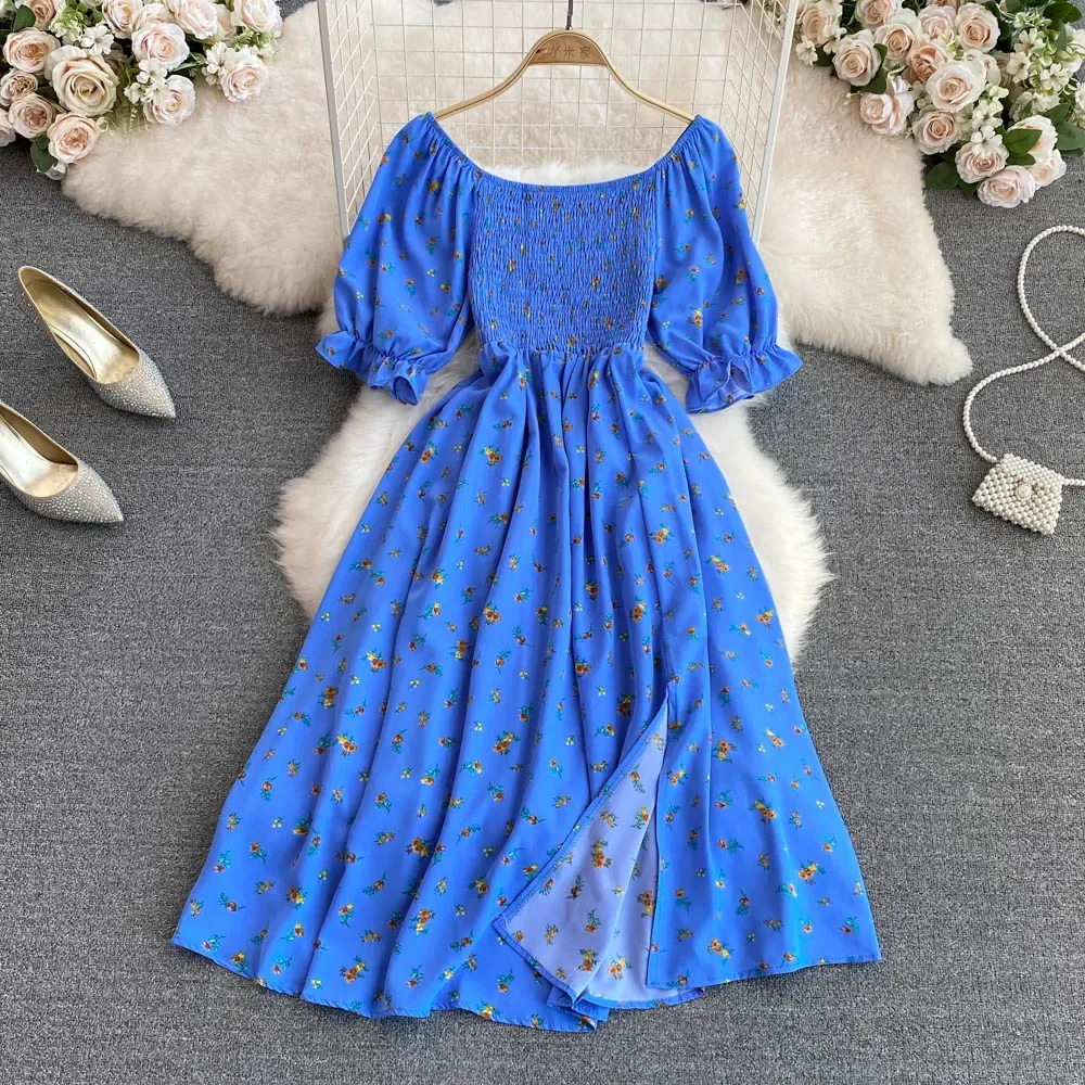 2026 Fashion New Summer Flower Print Long Dress Women Vintage Square Neck Ruched Chest Split Sundress Party Vestidos