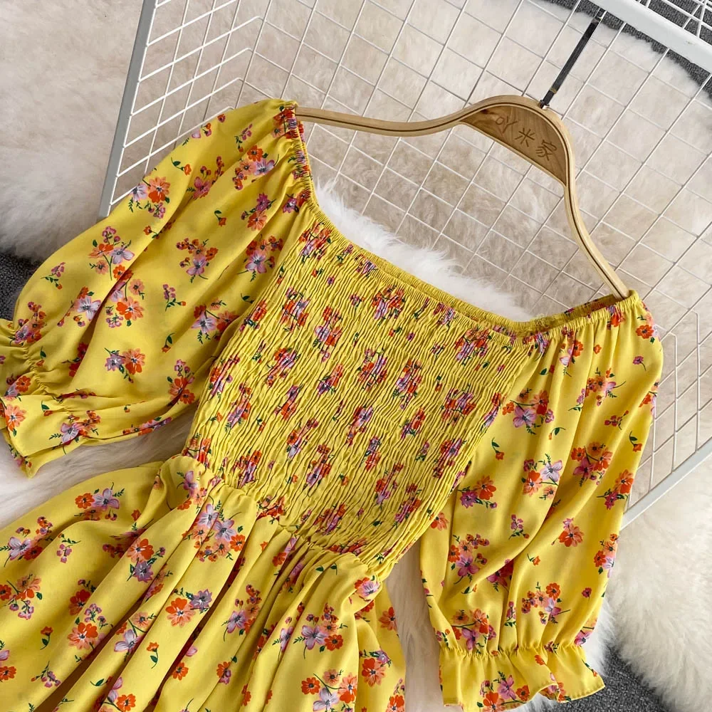 2026 Fashion New Summer Flower Print Long Dress Women Vintage Square Neck Ruched Chest Split Sundress Party Vestidos
