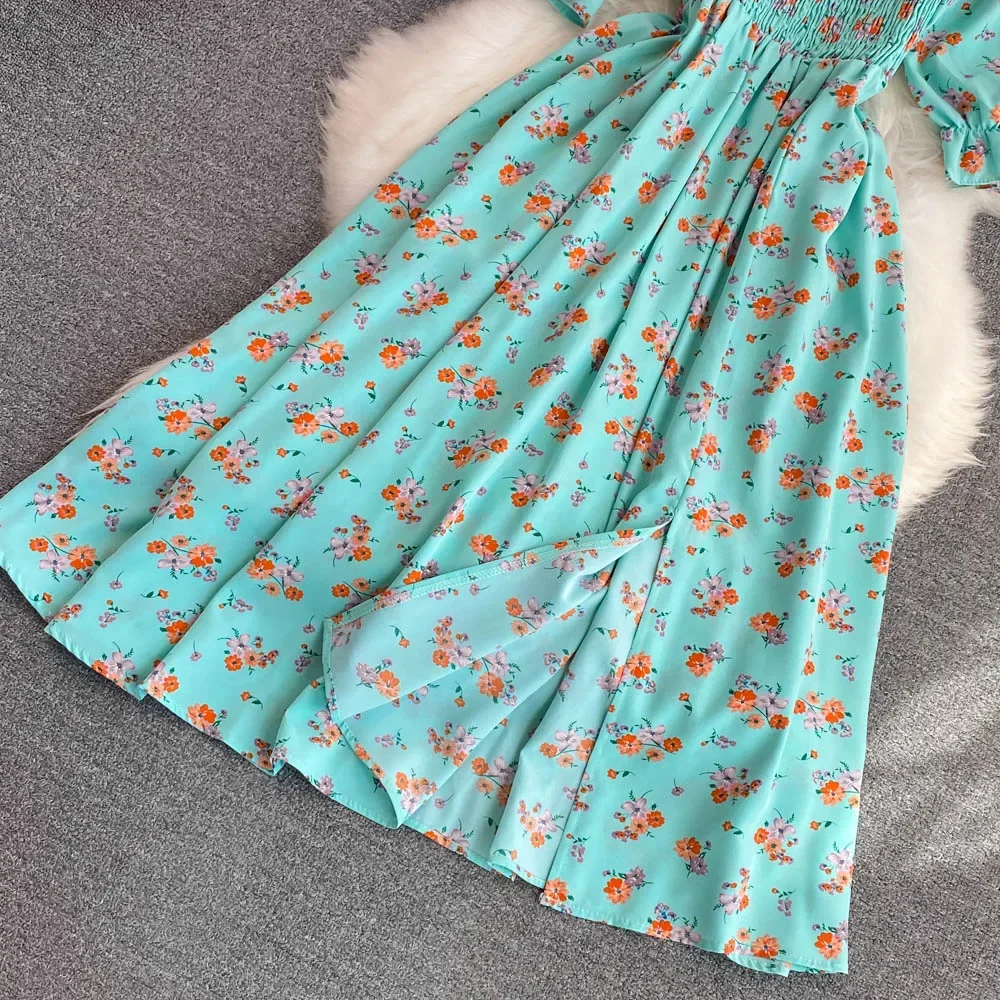 2026 Fashion New Summer Flower Print Long Dress Women Vintage Square Neck Ruched Chest Split Sundress Party Vestidos
