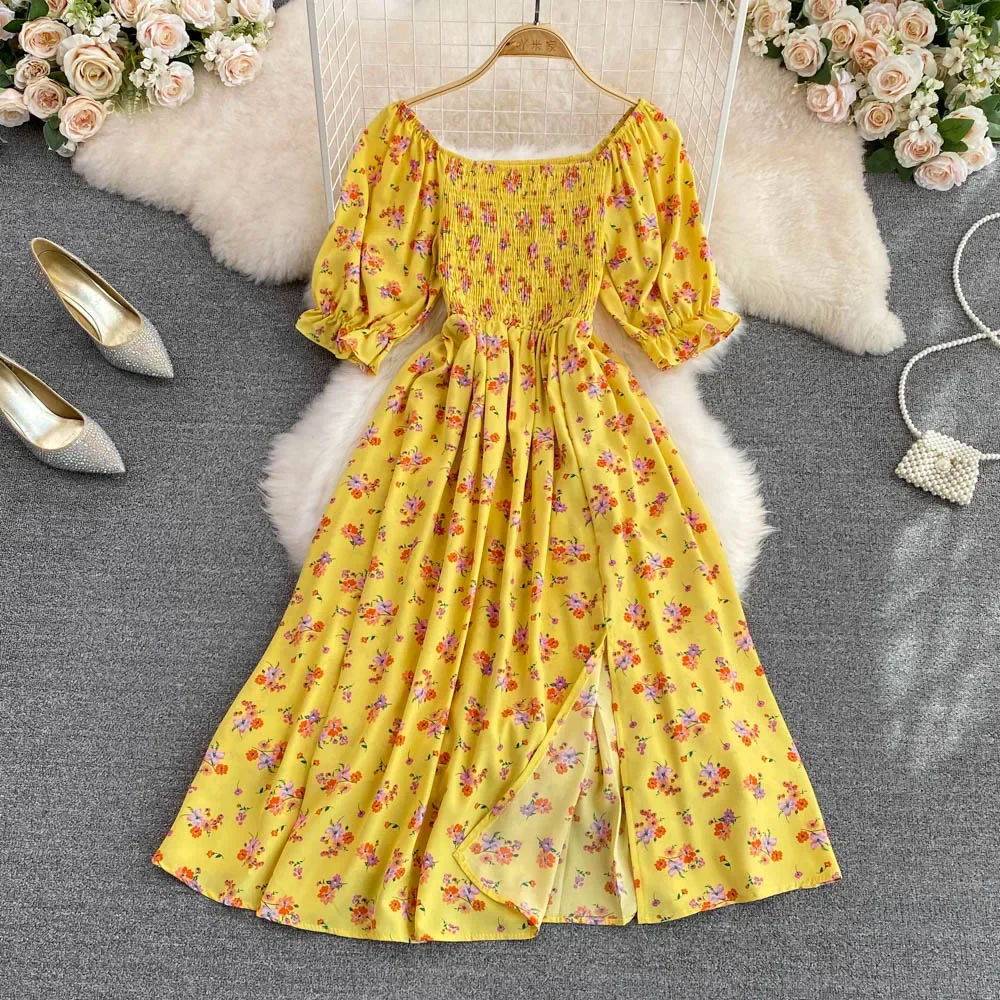 2026 Fashion New Summer Flower Print Long Dress Women Vintage Square Neck Ruched Chest Split Sundress Party Vestidos