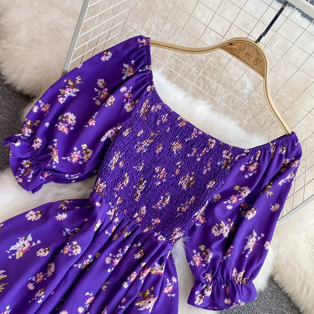 2026 Fashion New Summer Flower Print Long Dress Women Vintage Square Neck Ruched Chest Split Sundress Party Vestidos