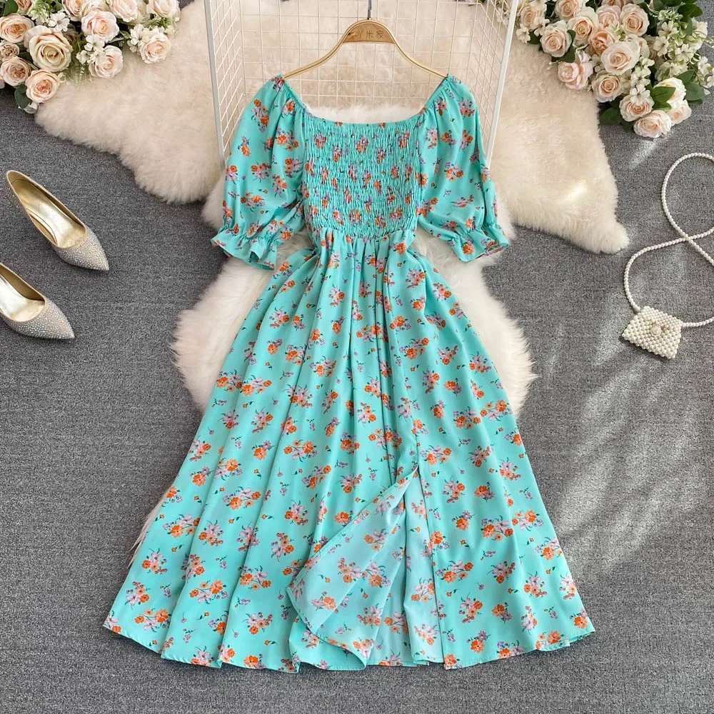 2026 Fashion New Summer Flower Print Long Dress Women Vintage Square Neck Ruched Chest Split Sundress Party Vestidos