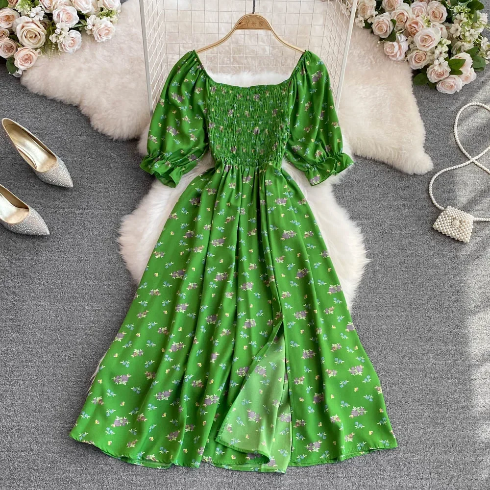 2026 Fashion New Summer Flower Print Long Dress Women Vintage Square Neck Ruched Chest Split Sundress Party Vestidos