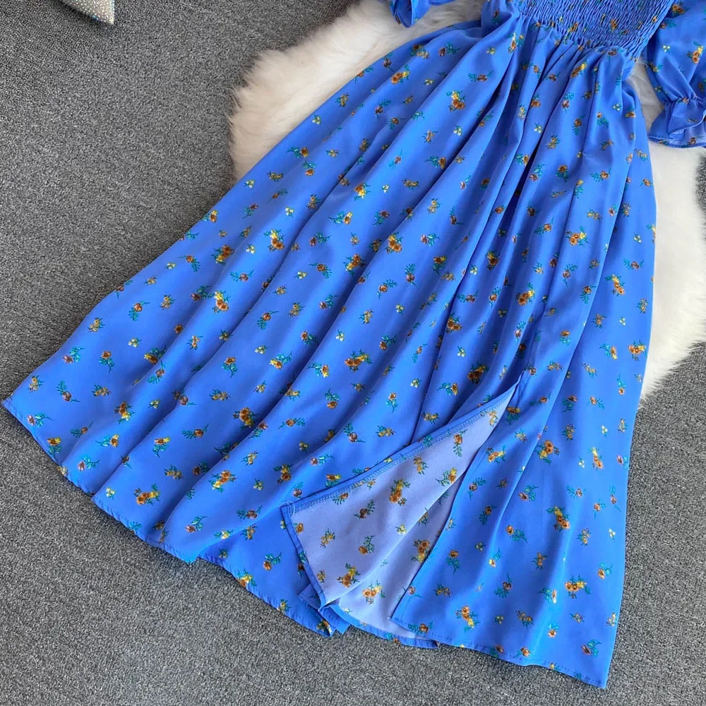 2026 Fashion New Summer Flower Print Long Dress Women Vintage Square Neck Ruched Chest Split Sundress Party Vestidos