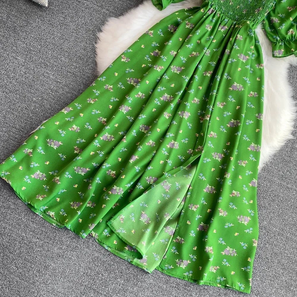 2026 Fashion New Summer Flower Print Long Dress Women Vintage Square Neck Ruched Chest Split Sundress Party Vestidos