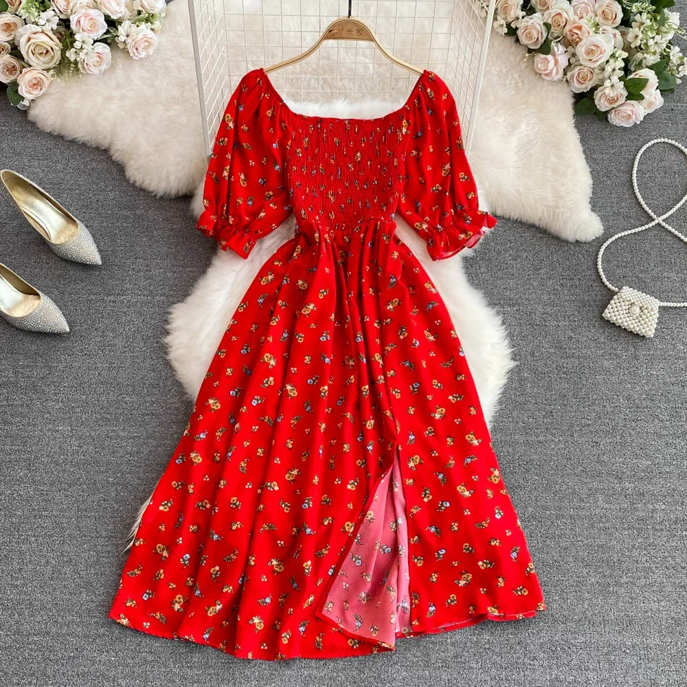 2026 Fashion New Summer Flower Print Long Dress Women Vintage Square Neck Ruched Chest Split Sundress Party Vestidos