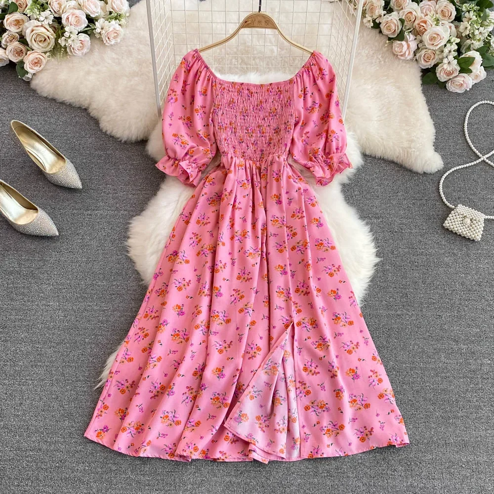 2026 Fashion New Summer Flower Print Long Dress Women Vintage Square Neck Ruched Chest Split Sundress Party Vestidos
