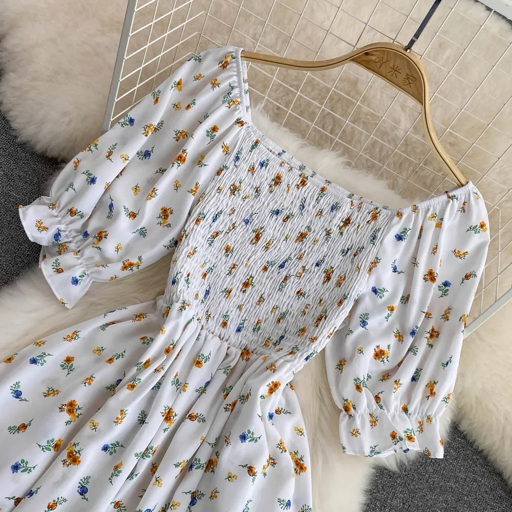 2026 Fashion New Summer Flower Print Long Dress Women Vintage Square Neck Ruched Chest Split Sundress Party Vestidos
