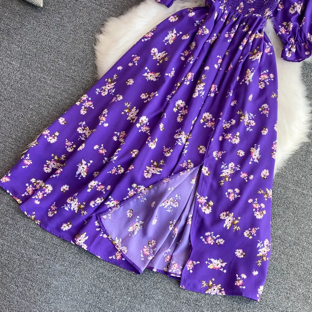 2026 Fashion New Summer Flower Print Long Dress Women Vintage Square Neck Ruched Chest Split Sundress Party Vestidos