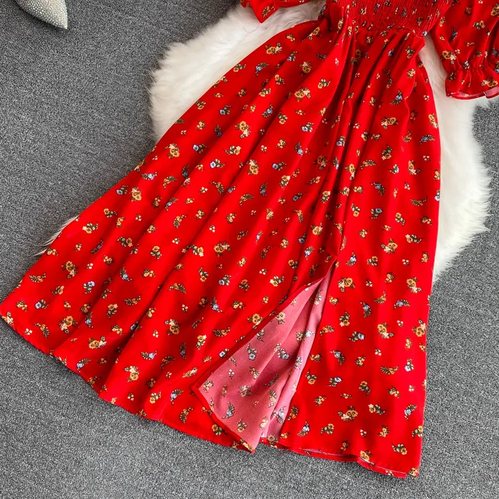 2026 Fashion New Summer Flower Print Long Dress Women Vintage Square Neck Ruched Chest Split Sundress Party Vestidos