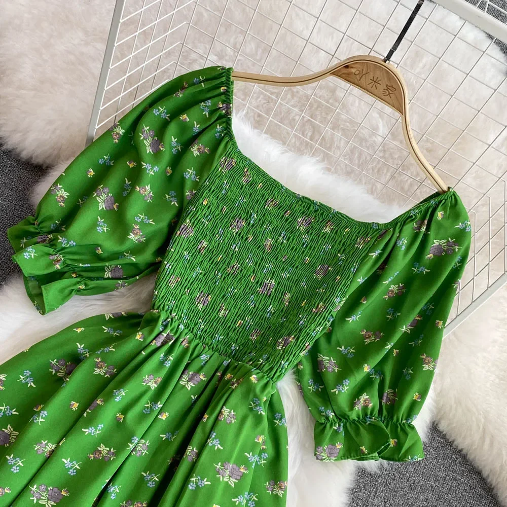2026 Fashion New Summer Flower Print Long Dress Women Vintage Square Neck Ruched Chest Split Sundress Party Vestidos