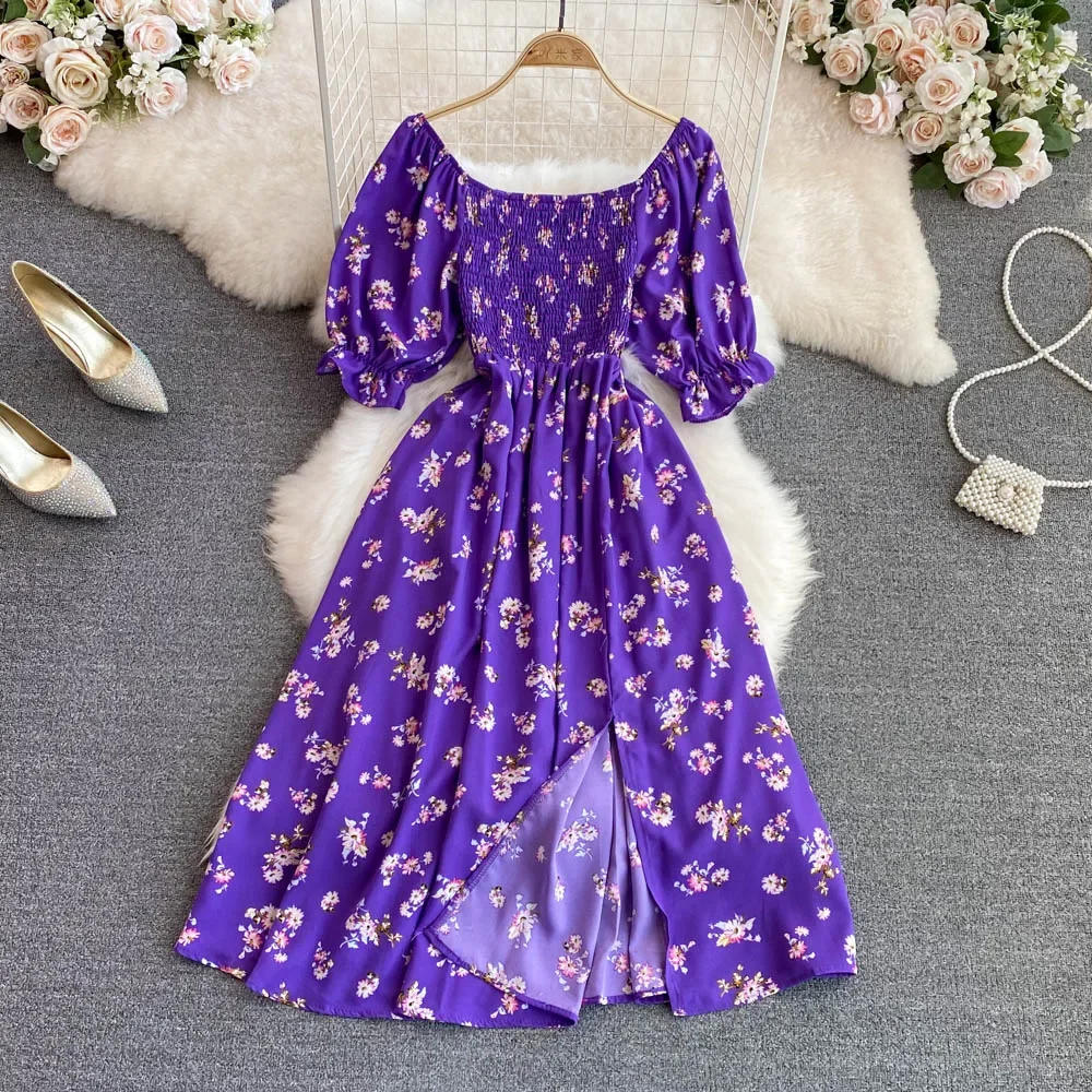 2026 Fashion New Summer Flower Print Long Dress Women Vintage Square Neck Ruched Chest Split Sundress Party Vestidos