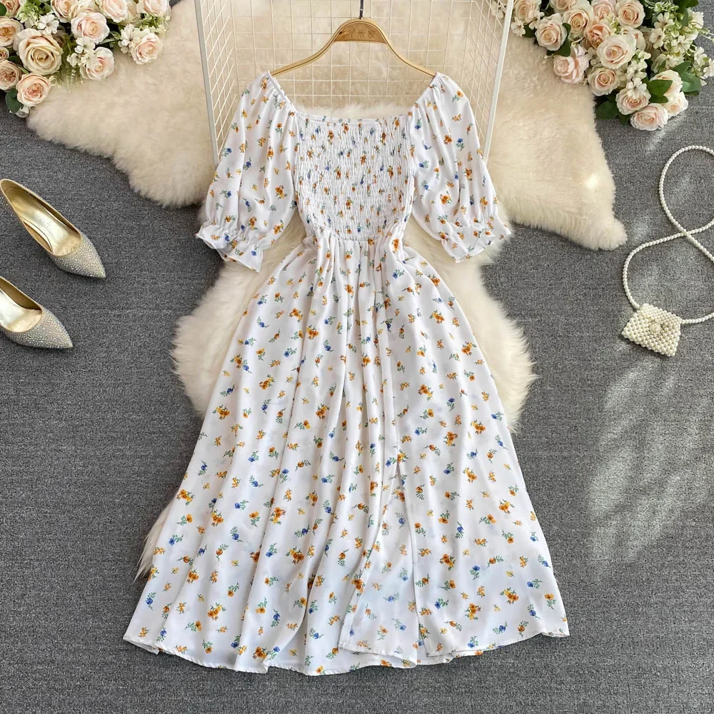 2026 Fashion New Summer Flower Print Long Dress Women Vintage Square Neck Ruched Chest Split Sundress Party Vestidos