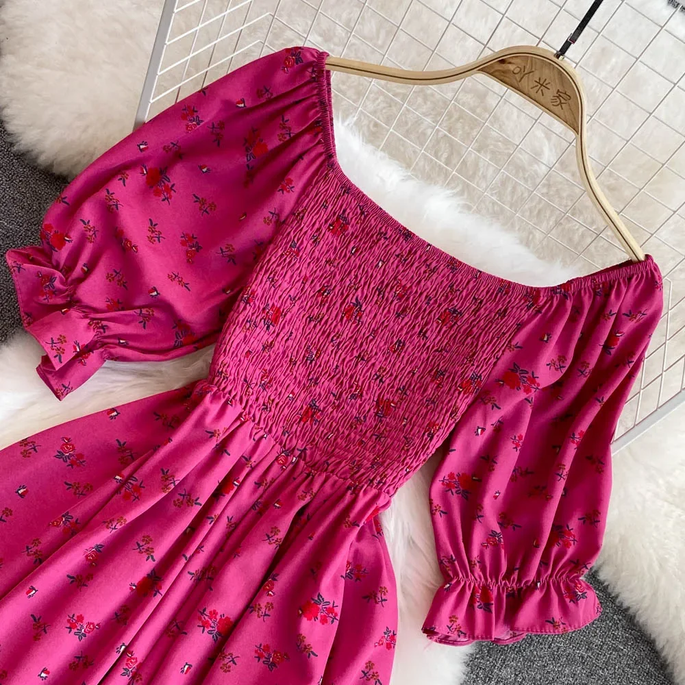 2026 Fashion New Summer Flower Print Long Dress Women Vintage Square Neck Ruched Chest Split Sundress Party Vestidos