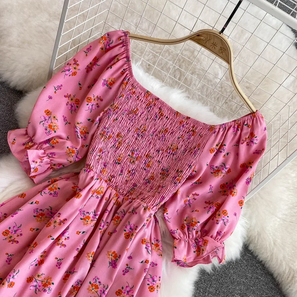 2026 Fashion New Summer Flower Print Long Dress Women Vintage Square Neck Ruched Chest Split Sundress Party Vestidos