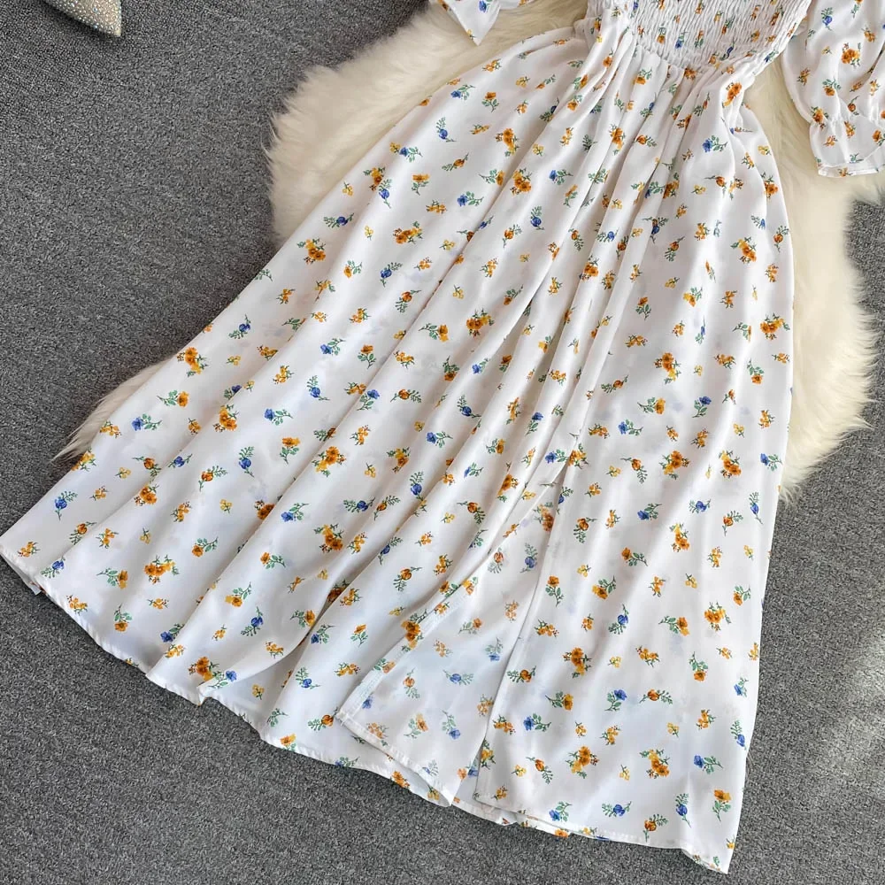 2026 Fashion New Summer Flower Print Long Dress Women Vintage Square Neck Ruched Chest Split Sundress Party Vestidos