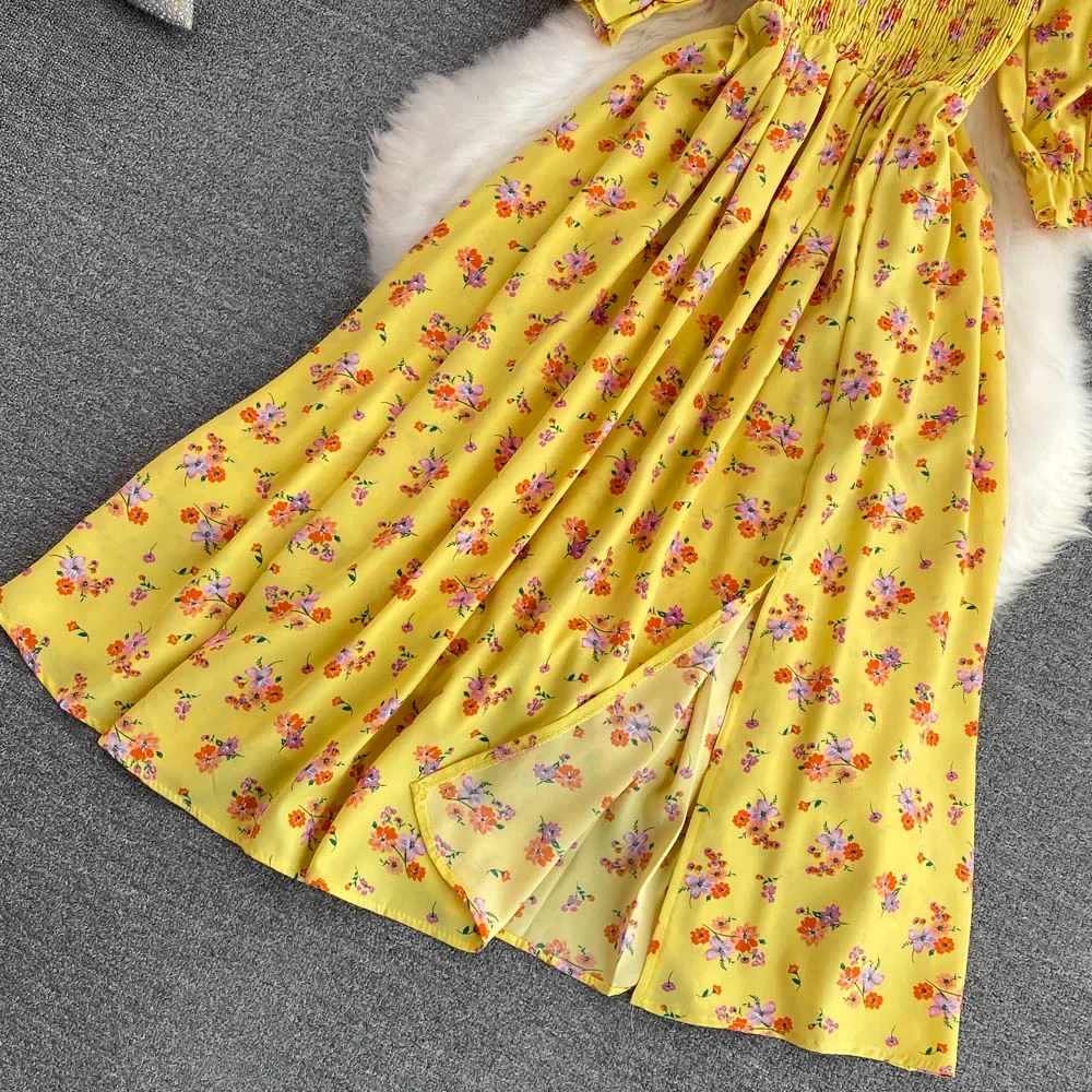 2026 Fashion New Summer Flower Print Long Dress Women Vintage Square Neck Ruched Chest Split Sundress Party Vestidos