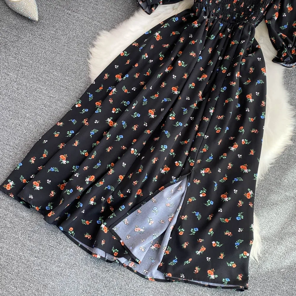 2026 Fashion New Summer Flower Print Long Dress Women Vintage Square Neck Ruched Chest Split Sundress Party Vestidos