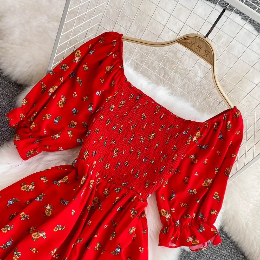 2026 Fashion New Summer Flower Print Long Dress Women Vintage Square Neck Ruched Chest Split Sundress Party Vestidos