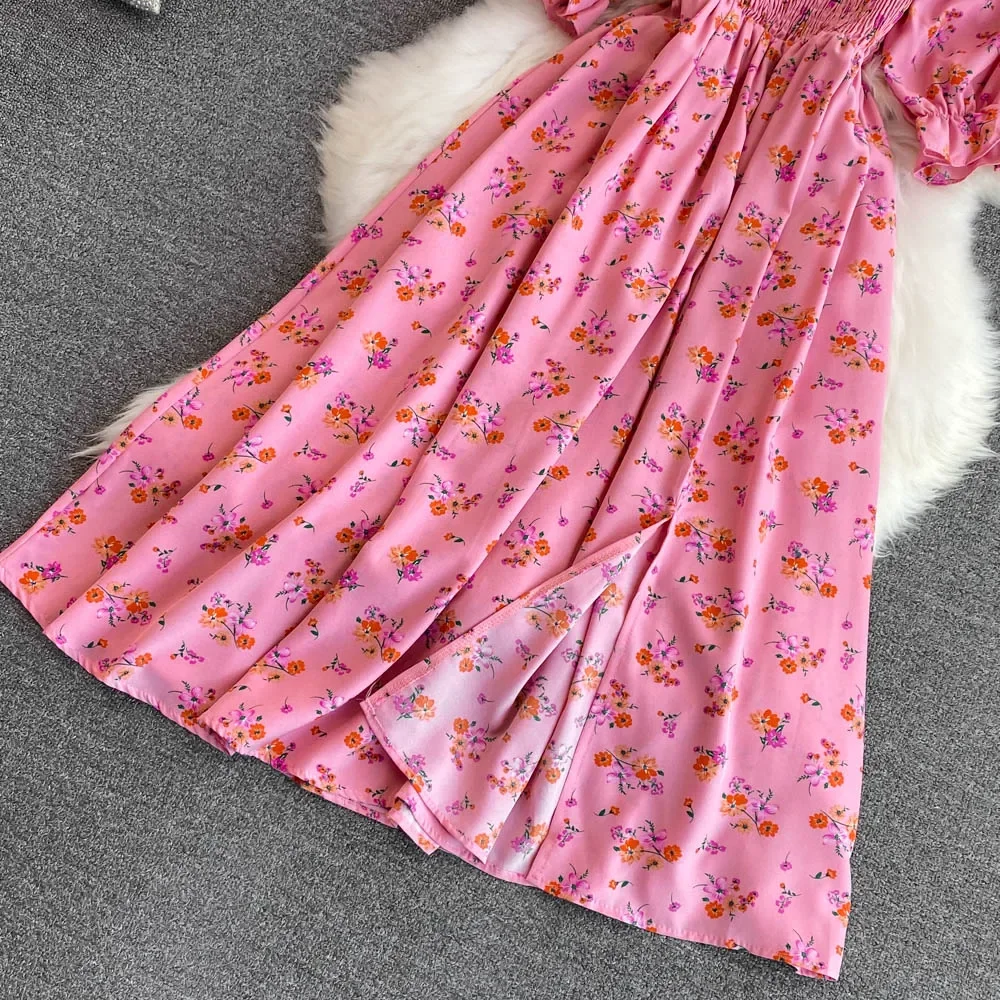2026 Fashion New Summer Flower Print Long Dress Women Vintage Square Neck Ruched Chest Split Sundress Party Vestidos