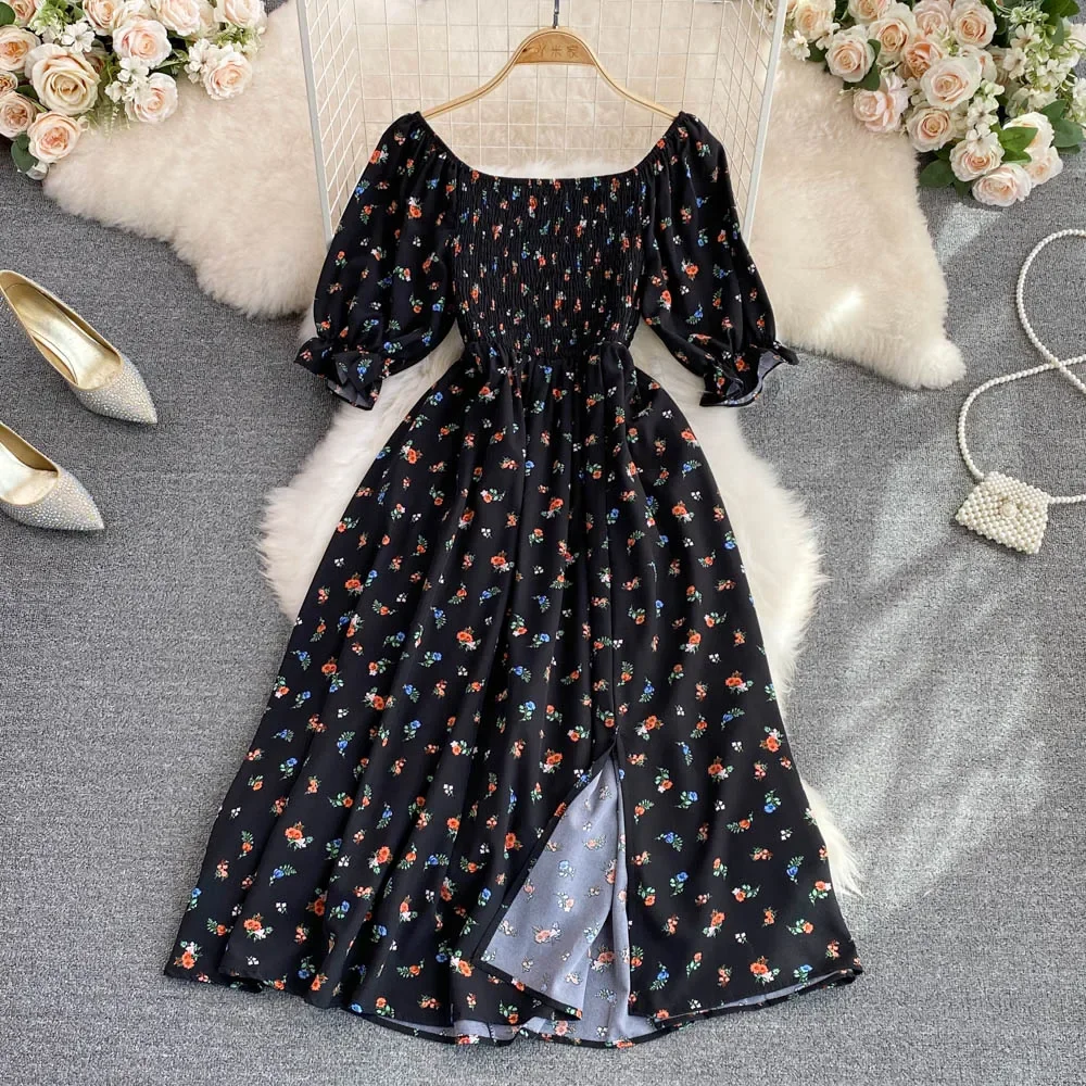 2026 Fashion New Summer Flower Print Long Dress Women Vintage Square Neck Ruched Chest Split Sundress Party Vestidos