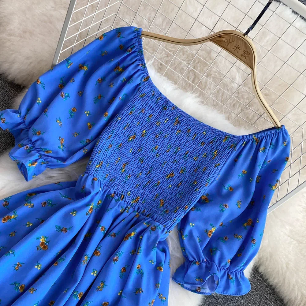 2026 Fashion New Summer Flower Print Long Dress Women Vintage Square Neck Ruched Chest Split Sundress Party Vestidos
