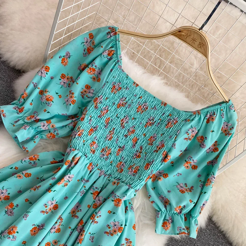 2026 Fashion New Summer Flower Print Long Dress Women Vintage Square Neck Ruched Chest Split Sundress Party Vestidos