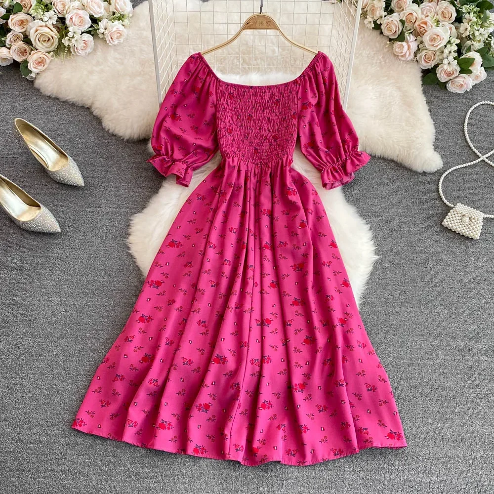 2026 Fashion New Summer Flower Print Long Dress Women Vintage Square Neck Ruched Chest Split Sundress Party Vestidos