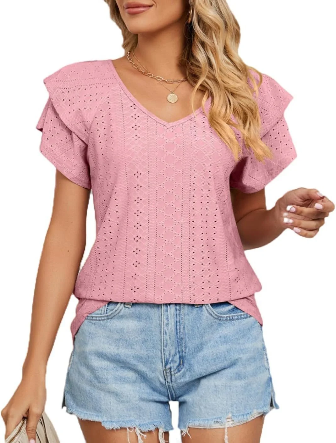 Women V Neck Eyelet Embroidery Blouse Ruffle Short Sleeve Hollow Out Casual Summer Tops
