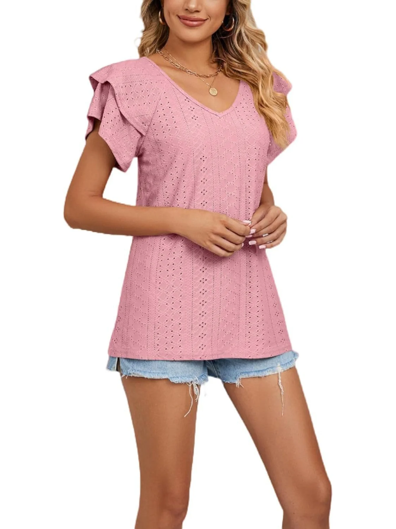 Women V Neck Eyelet Embroidery Blouse Ruffle Short Sleeve Hollow Out Casual Summer Tops